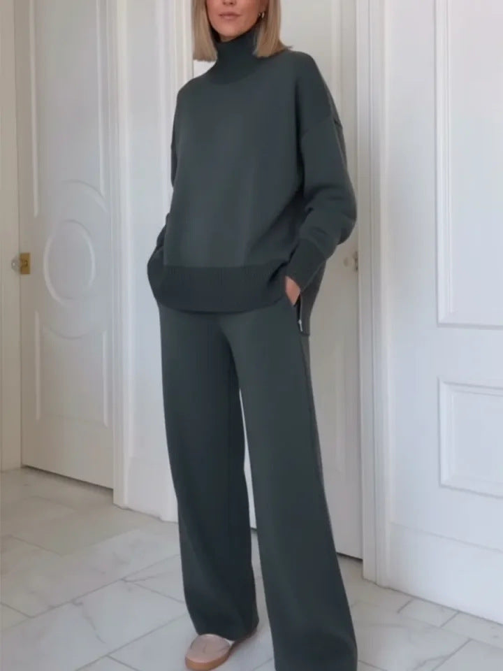 Kvinnors Bekväma Stickade Loungewear Set med Höga Hals Sweater och Bredskurna Byxor Mirla-Eva Jonsson