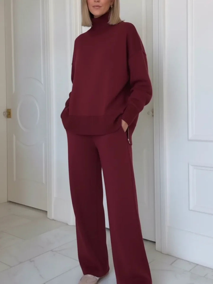 Kvinnors Bekväma Stickade Loungewear Set med Höga Hals Sweater och Bredskurna Byxor Mirla-Eva Jonsson