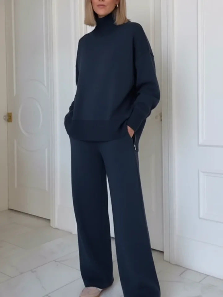 Kvinnors Bekväma Stickade Loungewear Set med Höga Hals Sweater och Bredskurna Byxor Mirla-Eva Jonsson
