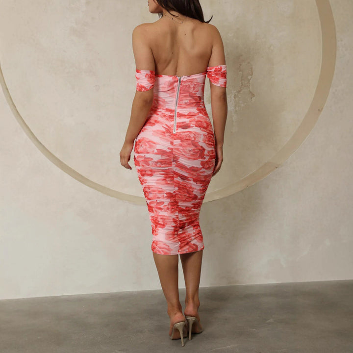 Kvinnors Body-Con Midi Klänning med Off-Shoulder Design och Blommig Tryck-Eva Jonsson