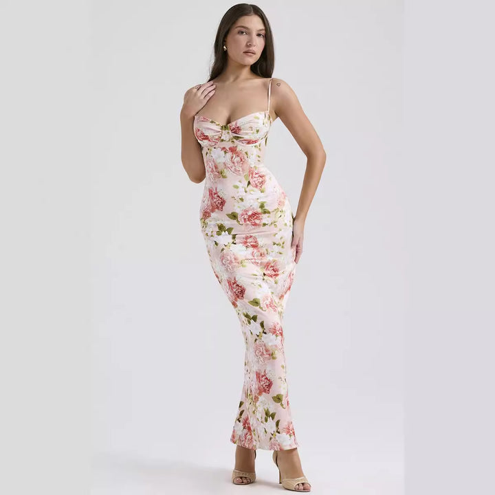 Kvinnors Bodycon Maxi Klänning med Blommönster och Justerbara Spaghetti Remmar-Eva Jonsson