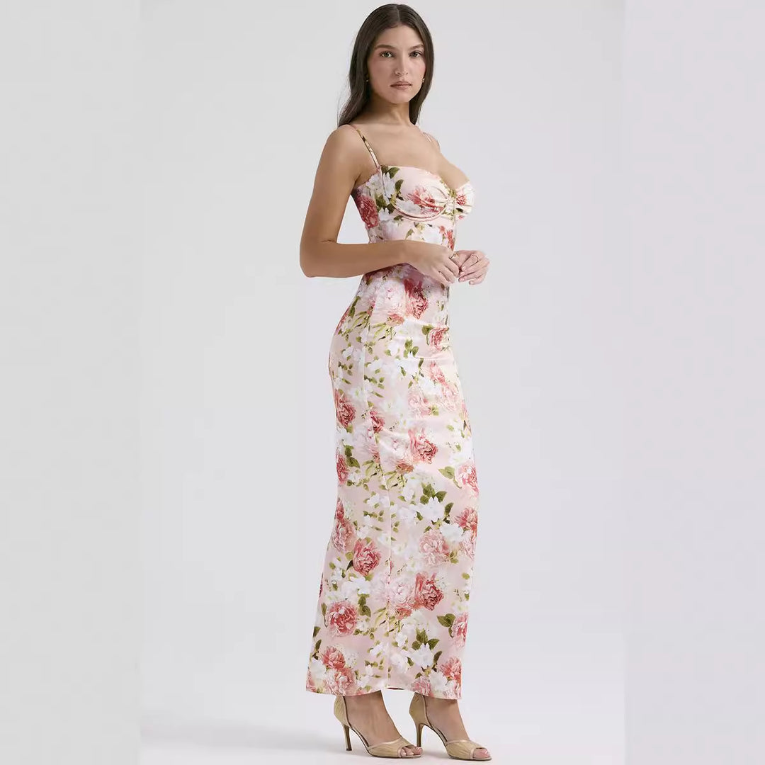 Kvinnors Bodycon Maxi Klänning med Blommönster och Justerbara Spaghetti Remmar-Eva Jonsson
