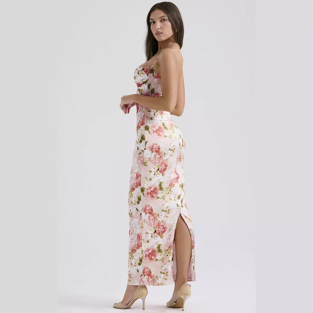 Kvinnors Bodycon Maxi Klänning med Blommönster och Justerbara Spaghetti Remmar-Eva Jonsson