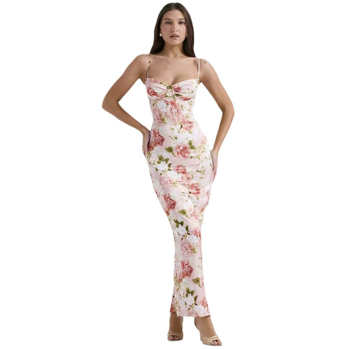 Kvinnors Bodycon Maxi Klänning med Blommönster och Justerbara Spaghetti Remmar-Eva Jonsson