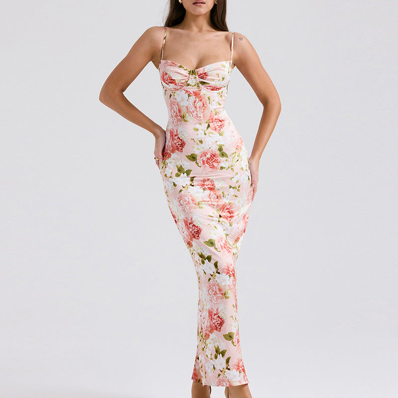 Kvinnors Bodycon Maxi Klänning med Blommönster och Justerbara Spaghetti Remmar-Eva Jonsson