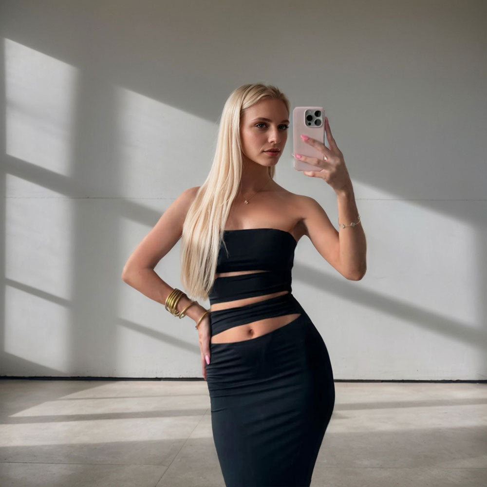 Kvinnors Bodycon-klänning med Bandeau-halsringning och praktiska utklipp detaljer Mirla-Eva Jonsson
