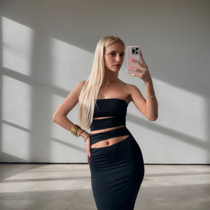 Kvinnors Bodycon-klänning med Bandeau-halsringning och praktiska utklipp detaljer Mirla-Eva Jonsson