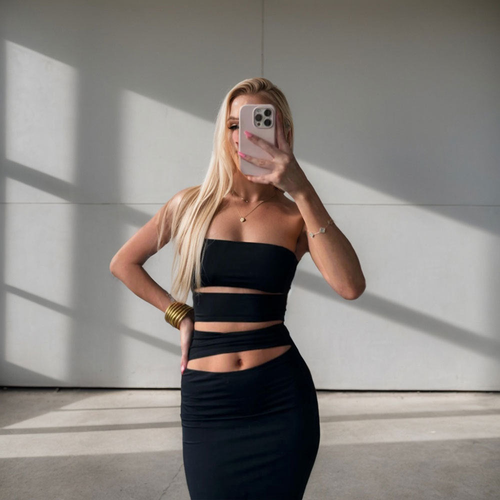 Kvinnors Bodycon-klänning med Bandeau-halsringning och praktiska utklipp detaljer Mirla-Eva Jonsson