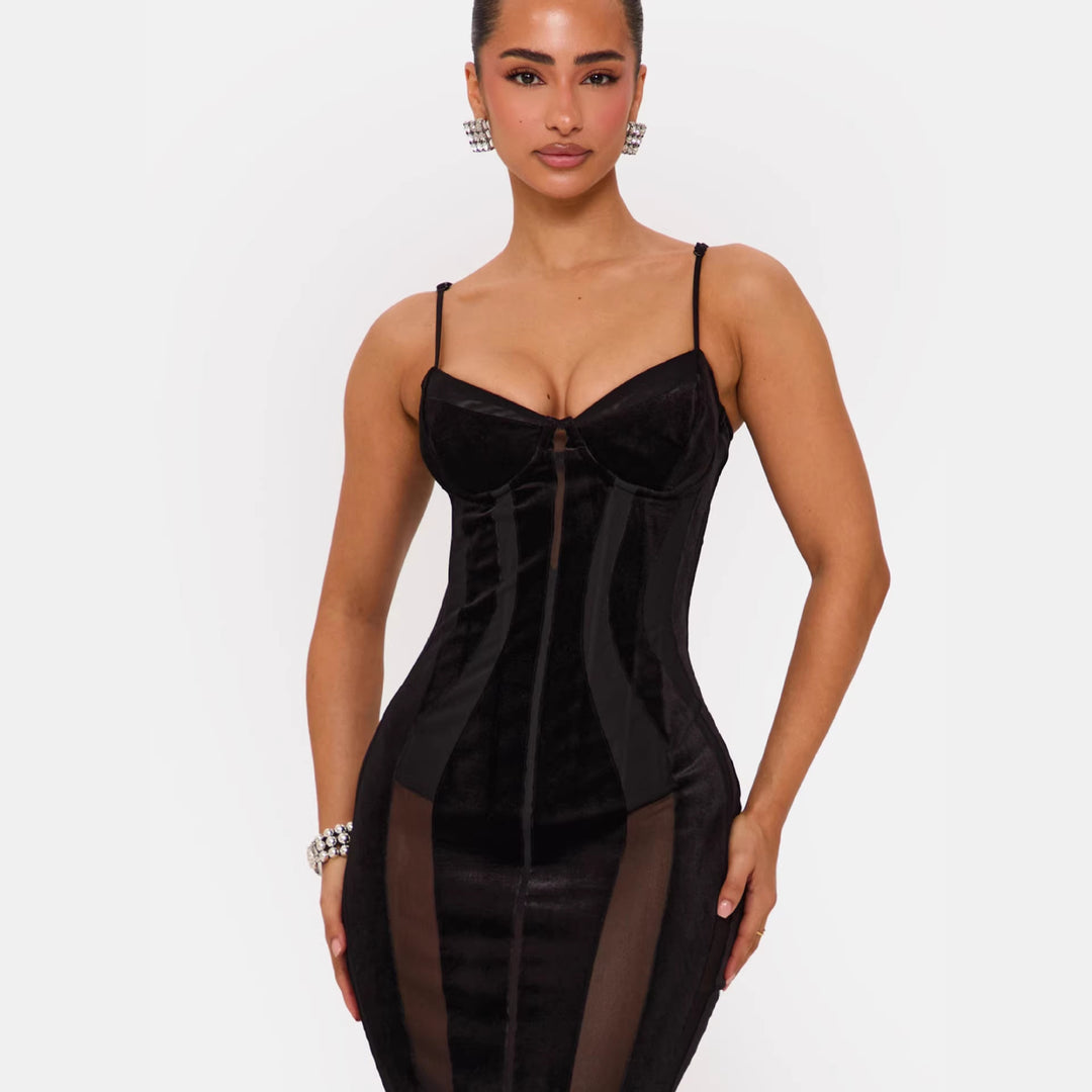 Kvinnors Bodycon klänning med sofistikerad korsett topp och transparenta insatser Mirla-Eva Jonsson