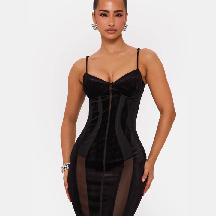 Kvinnors Bodycon klänning med sofistikerad korsett topp och transparenta insatser Mirla-Eva Jonsson