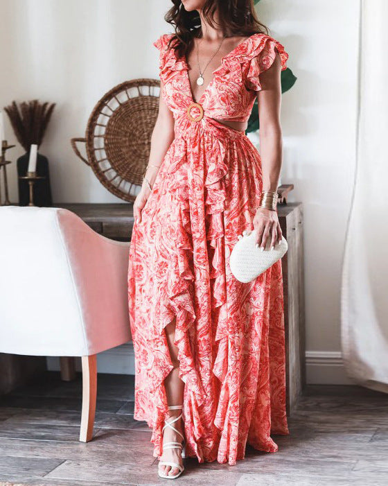 Kvinnors Boho Maxi Klänning med Lekfulla Volangdetaljer och Glittrande Bälte-Eva Jonsson