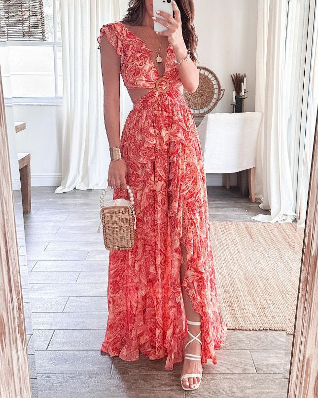 Kvinnors Boho Maxi Klänning med Lekfulla Volangdetaljer och Glittrande Bälte-Eva Jonsson