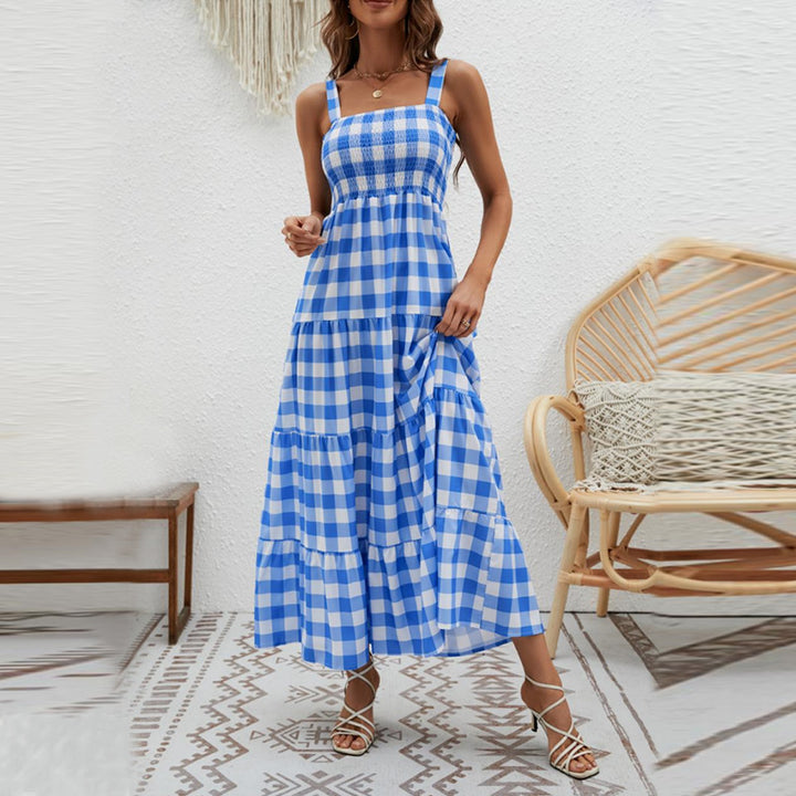 Kvinnors Boho Maxi Klänning med Luftiga Volangdetaljer och Smala Spagettiband-Eva Jonsson