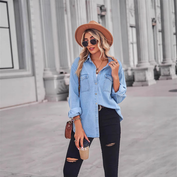 Kvinnors Casual Denim Skjorta Blus med Bröstfickor Mirla-Eva Jonsson