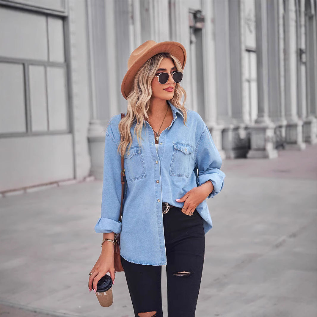 Kvinnors Casual Denim Skjorta Blus med Bröstfickor Mirla-Eva Jonsson