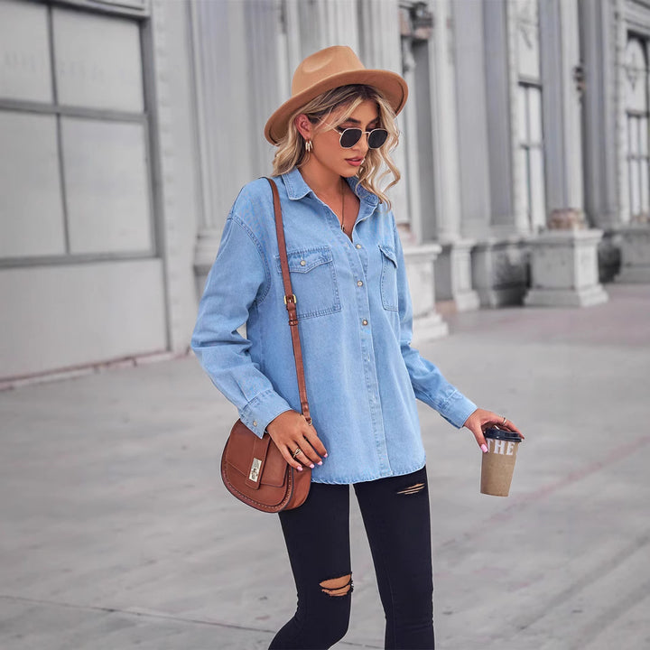 Kvinnors Casual Denim Skjorta Blus med Bröstfickor Mirla-Eva Jonsson