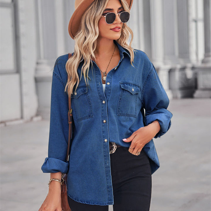 Kvinnors Casual Denim Skjorta Blus med Bröstfickor Mirla-Eva Jonsson