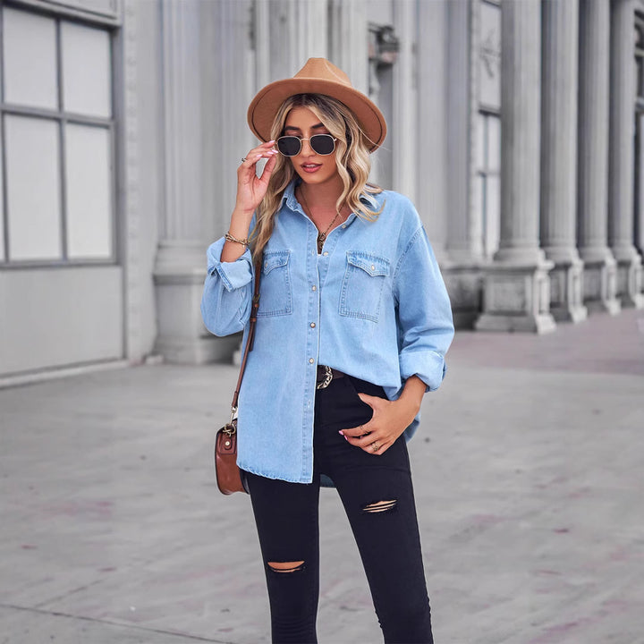 Kvinnors Casual Denim Skjorta Blus med Bröstfickor Mirla-Eva Jonsson