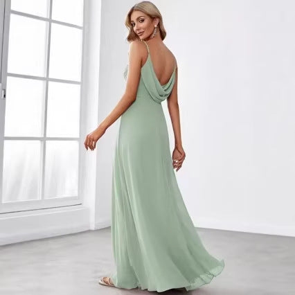 Kvinnors Chiffon Maxi Klänning med Elegant V-Hals och Rynkad Överkropp-Eva Jonsson