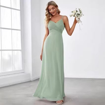 Kvinnors Chiffon Maxi Klänning med Elegant V-Hals och Rynkad Överkropp-Eva Jonsson
