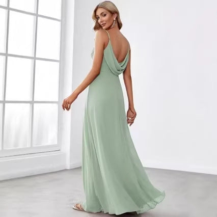 Kvinnors Chiffon Maxi Klänning med Elegant V-Hals och Rynkad Överkropp-Eva Jonsson