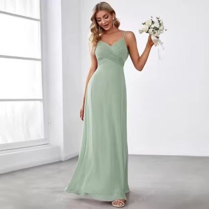 Kvinnors Chiffon Maxi Klänning med Elegant V-Hals och Rynkad Överkropp-Eva Jonsson