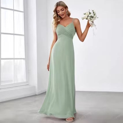 Kvinnors Chiffon Maxi Klänning med Elegant V-Hals och Rynkad Överkropp-Eva Jonsson