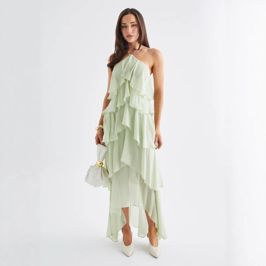Kvinnors Chiffon Maxi Klänning med Flerlagrade Volangdetaljer-Eva Jonsson