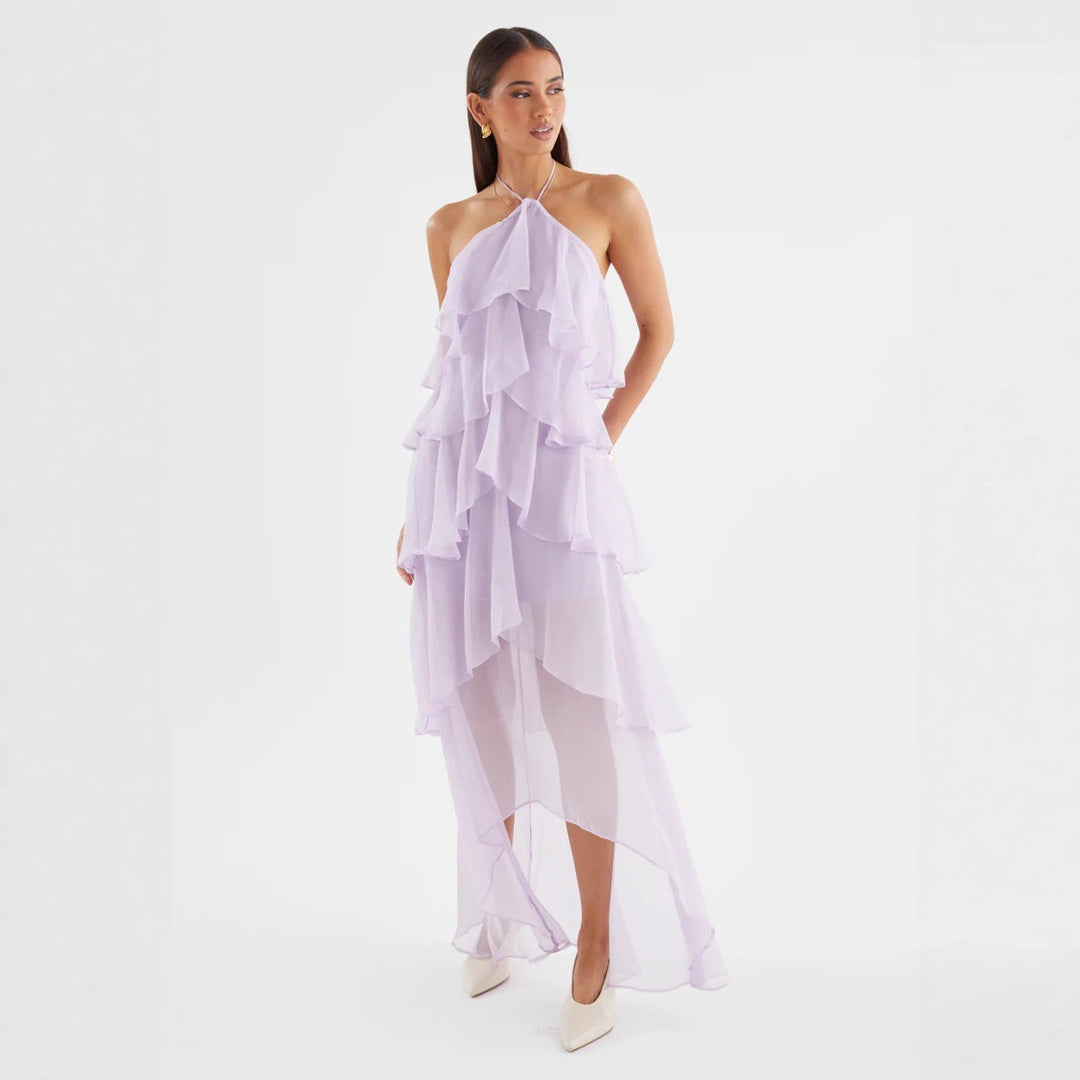 Kvinnors Chiffon Maxi Klänning med Flerlagrade Volangdetaljer-Eva Jonsson