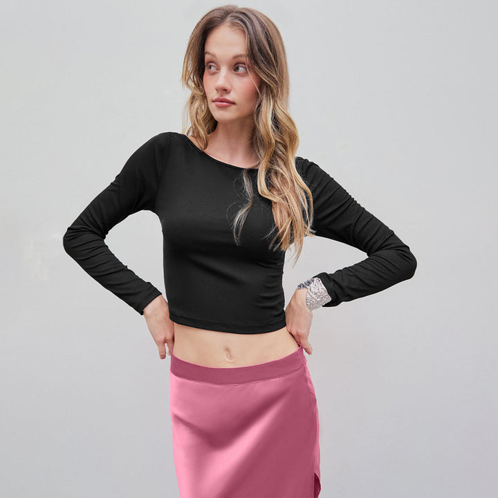 Kvinnors Crop Top med Långa Ärmar och Elegant Rund Halsringning Mirla-Eva Jonsson