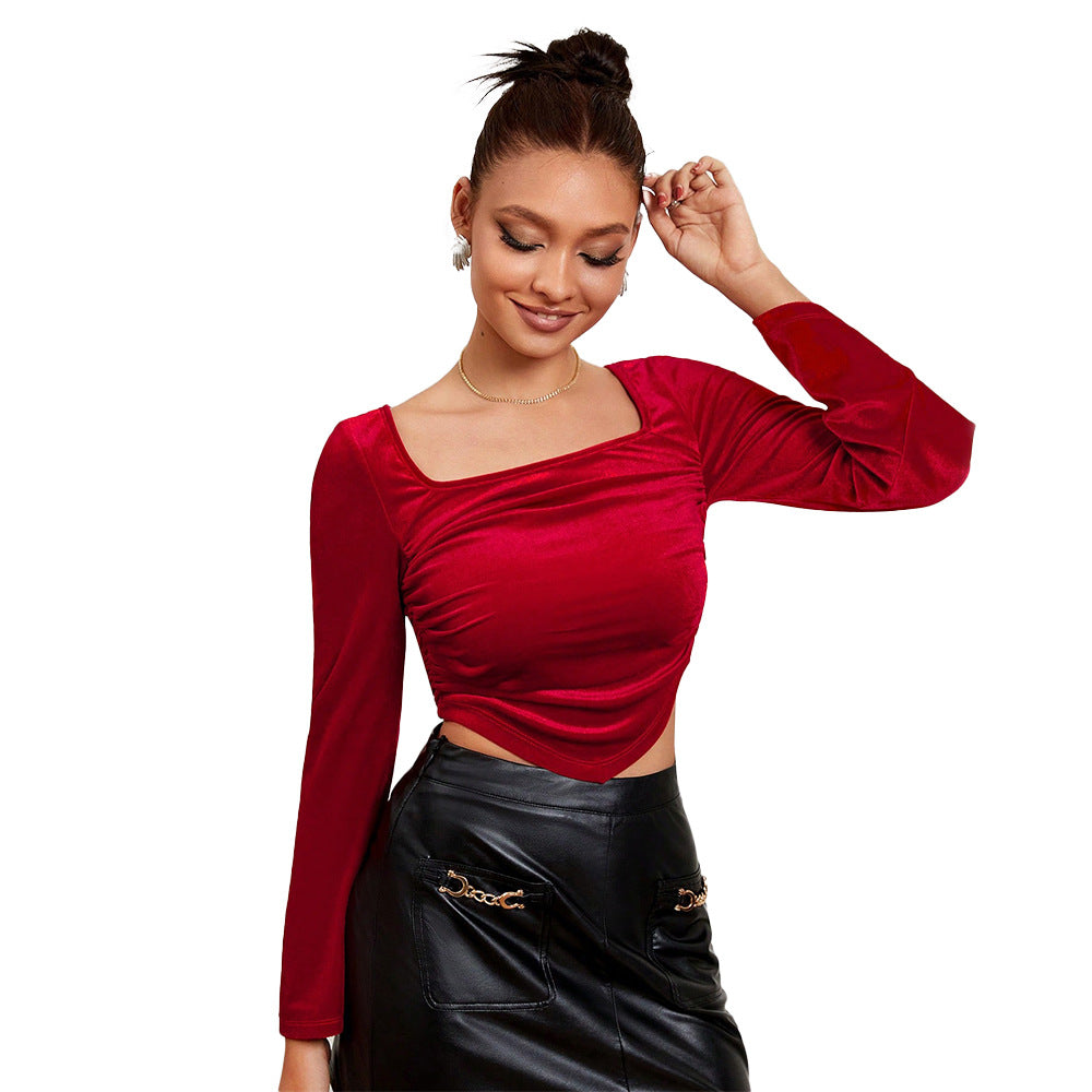 Kvinnors Crop Top med eleganta puffärmar och asymmetrisk volangdesign Mirla-Eva Jonsson