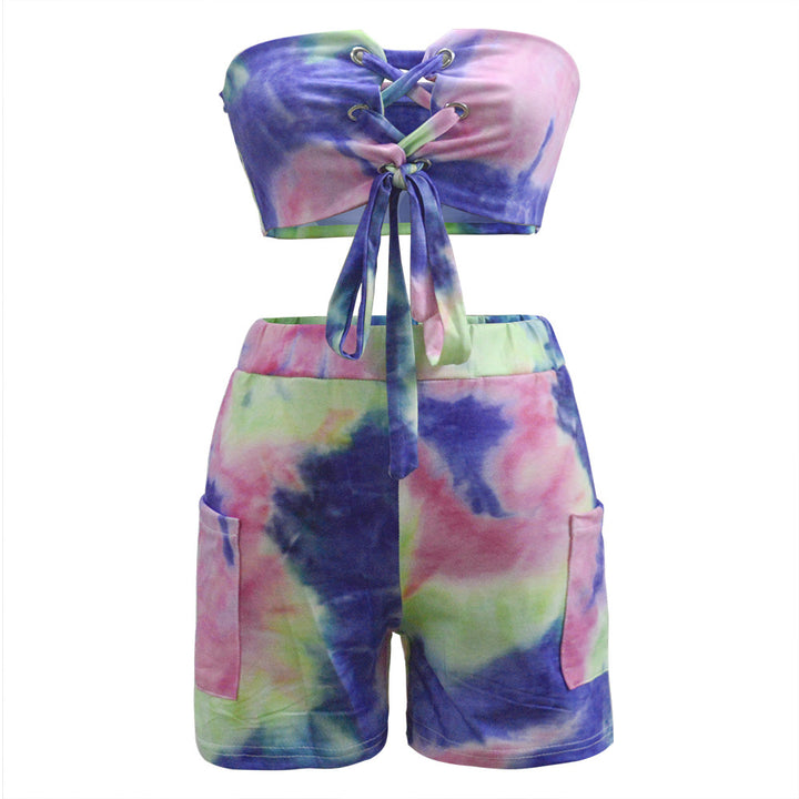 Kvinnors Crop Top och Shorts Set med Snörning och Lekfull Design-Eva Jonsson
