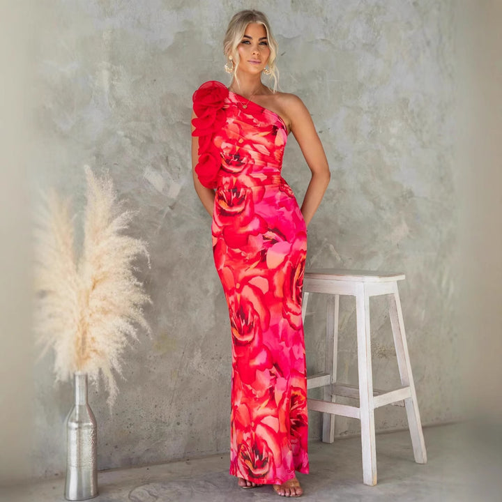 Kvinnors Elegant Aftonklänning med Asymmetrisk Volangdesign och Slim Passform-Eva Jonsson