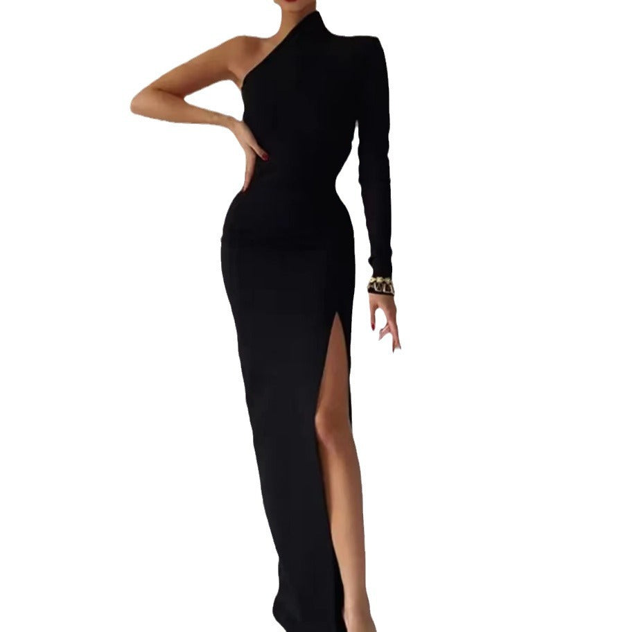 Kvinnors Elegant Asymmetrisk Kvällsklänning med Hög Slits och Lång Ärm-Eva Jonsson