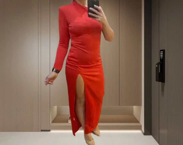 Kvinnors Elegant Asymmetrisk Kvällsklänning med Hög Slits och Lång Ärm-Eva Jonsson