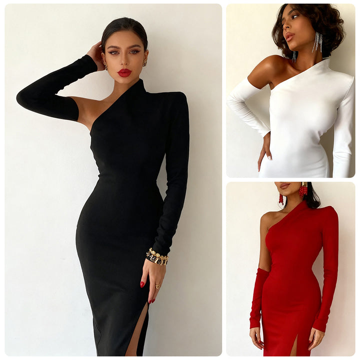 Kvinnors Elegant Asymmetrisk Kvällsklänning med Hög Slits och Lång Ärm-Eva Jonsson