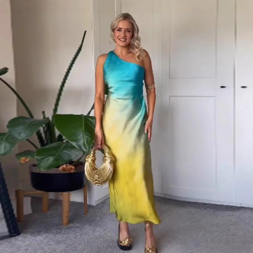 Kvinnors Elegant Asymmetrisk Maxi Klänning med Mjuk Gradient och Bekväm Passform-Eva Jonsson