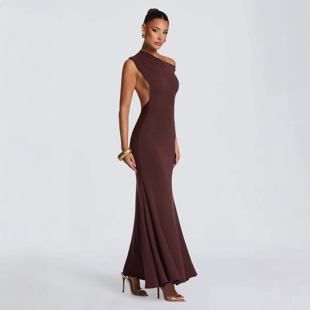 Kvinnors Elegant Asymmetrisk Maxi Klänning med Off-Shoulder Design-Eva Jonsson