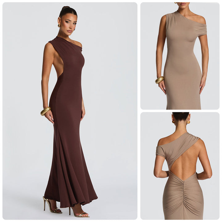 Kvinnors Elegant Asymmetrisk Maxi Klänning med Off-Shoulder Design-Eva Jonsson