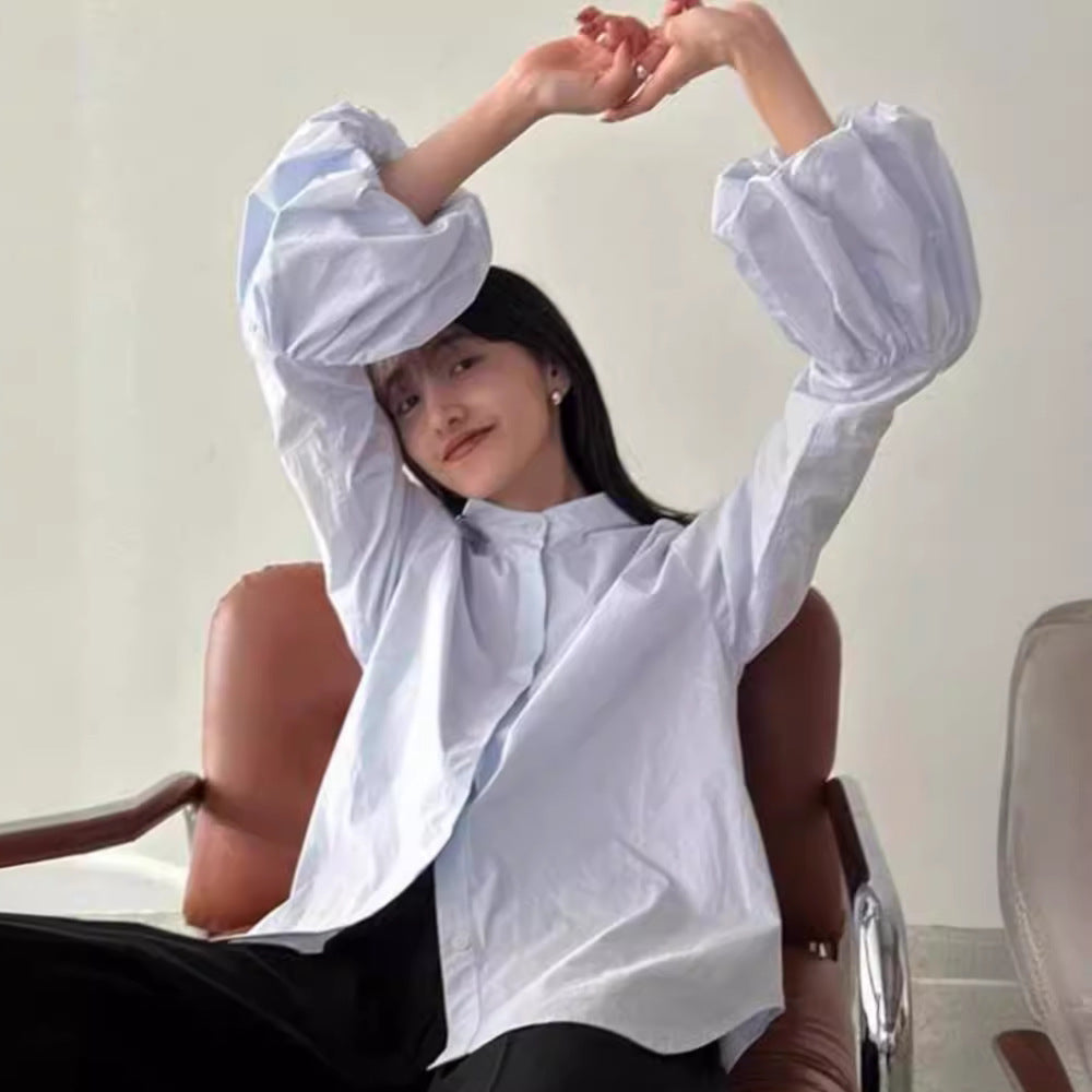 Kvinnors Elegant Blus med Voluminösa Ärmar och Höga Krage Mirla-Eva Jonsson