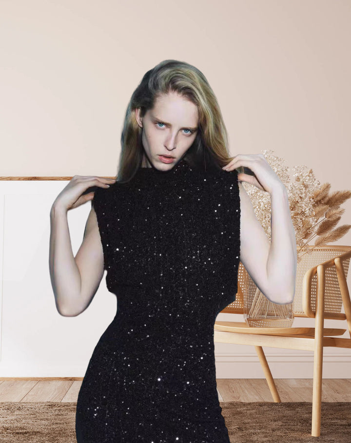 Kvinnors Elegant Cocktailklänning med Glittrande Paljettdesign och Hög Halskrage-Eva Jonsson