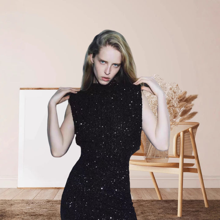 Kvinnors Elegant Cocktailklänning med Glittrande Paljettdesign och Hög Halskrage-Eva Jonsson