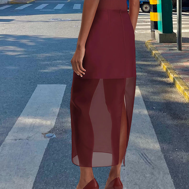 Kvinnors Elegant Genomskinlig Midi Kjol med Sidsprund och Strukturerad Midja Mirla-Eva Jonsson
