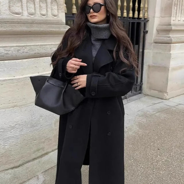 Kvinnors Elegant Lång Trench Coat med Strukturerad Ståkrage Mirla-Eva Jonsson