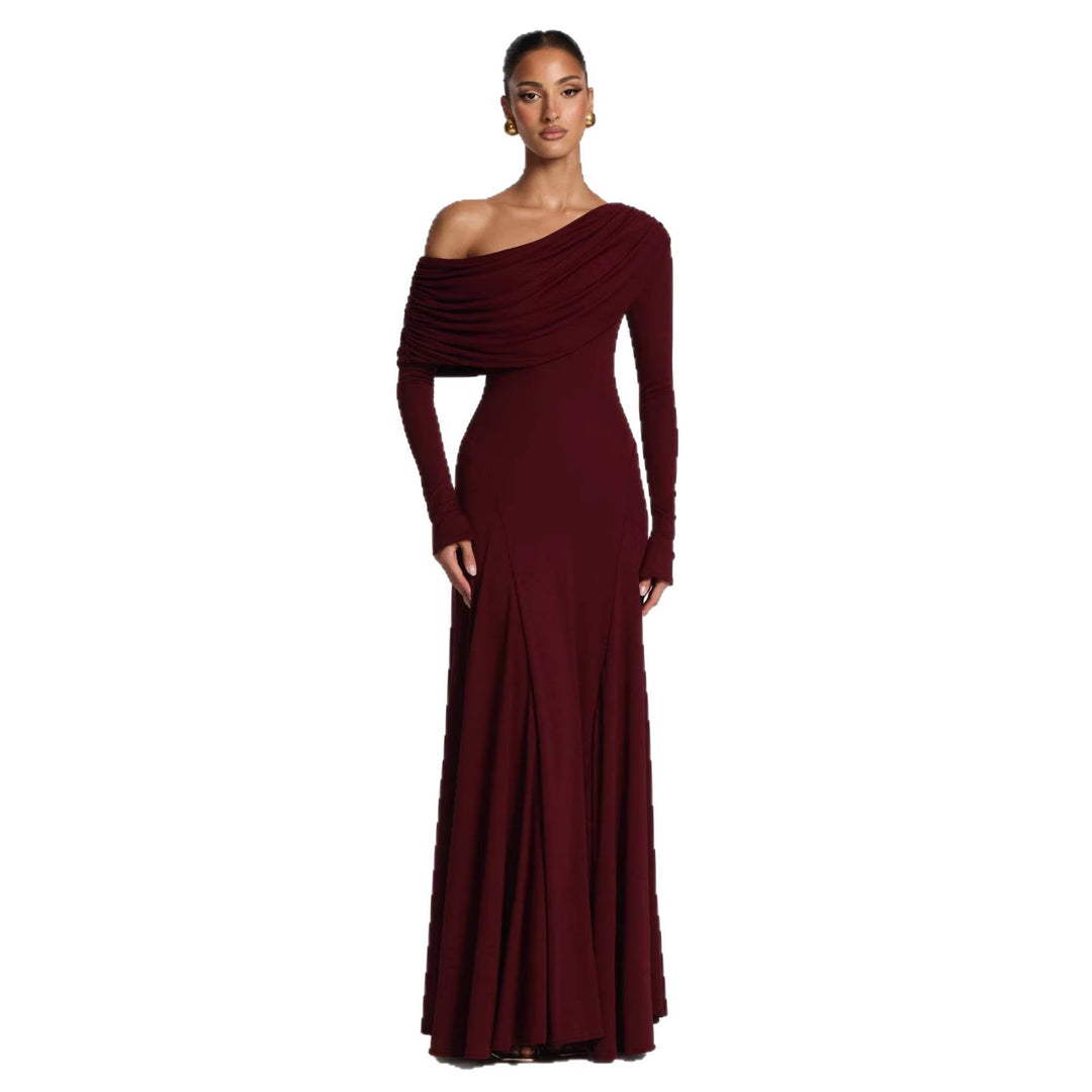 Kvinnors Elegant Långärmad Maxi Klänning med Asymmetrisk Drapering Detalj-Eva Jonsson