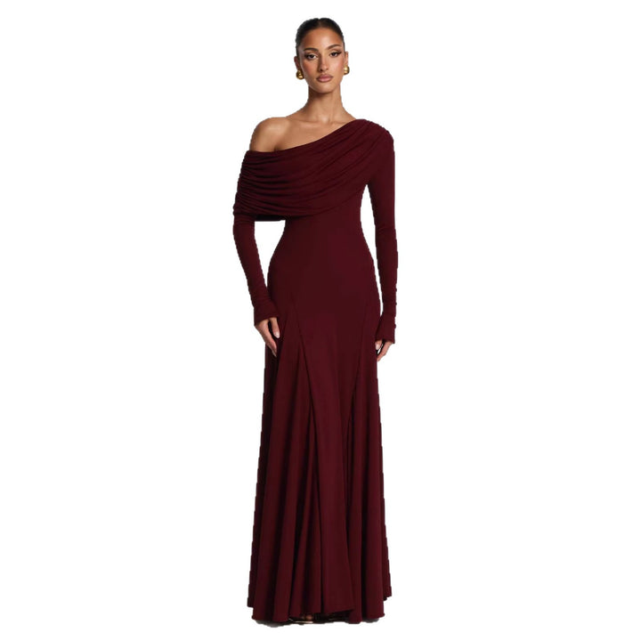 Kvinnors Elegant Långärmad Maxi Klänning med Asymmetrisk Drapering Detalj-Eva Jonsson