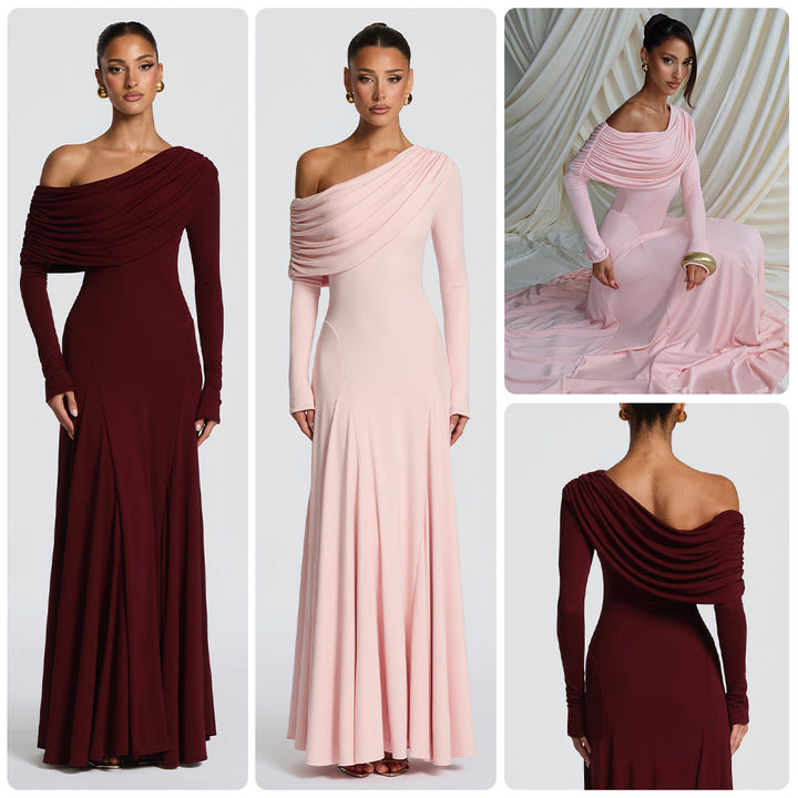 Kvinnors Elegant Långärmad Maxi Klänning med Asymmetrisk Drapering Detalj-Eva Jonsson