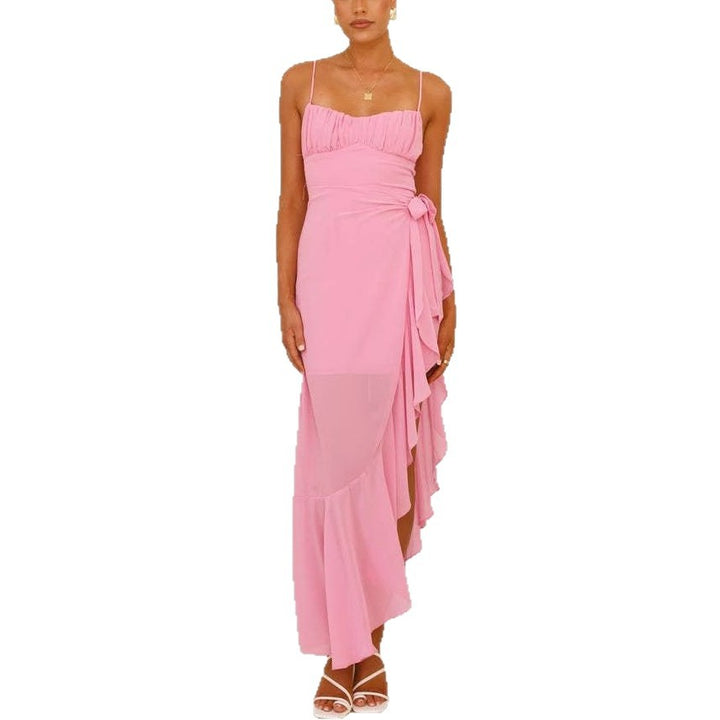 Kvinnors Elegant Maxi Klänning med Asymmetrisk Skärning och Volanger Mirla-Eva Jonsson
