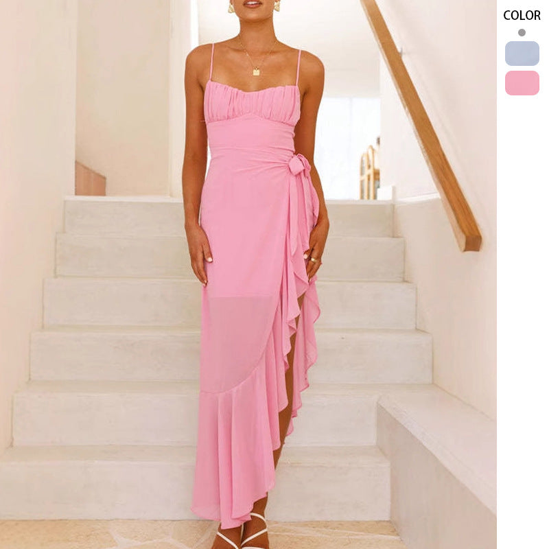 Kvinnors Elegant Maxi Klänning med Asymmetrisk Skärning och Volanger Mirla-Eva Jonsson