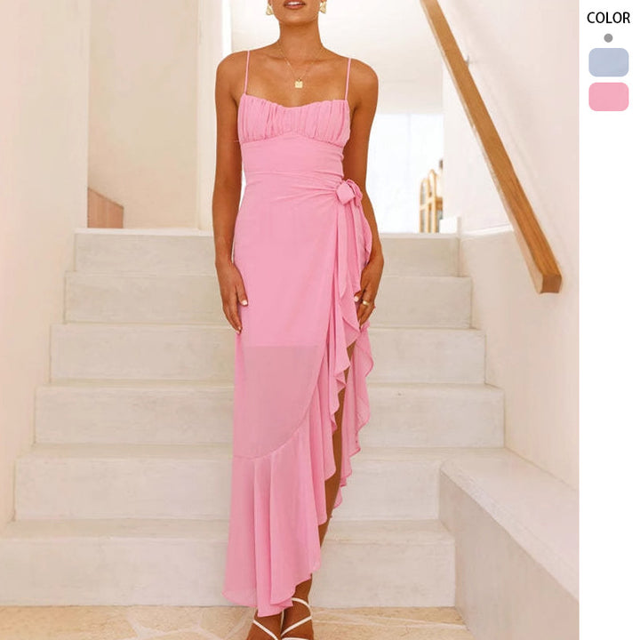 Kvinnors Elegant Maxi Klänning med Asymmetrisk Skärning och Volanger Mirla-Eva Jonsson